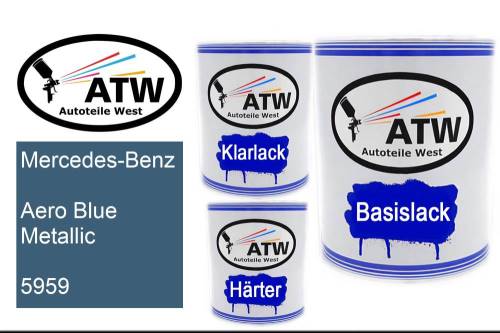 Mercedes-Benz, Aero Blue Metallic, 5959: 1L Lackdose + 1L Klarlack + 500ml Härter - Set, von ATW Autoteile West.